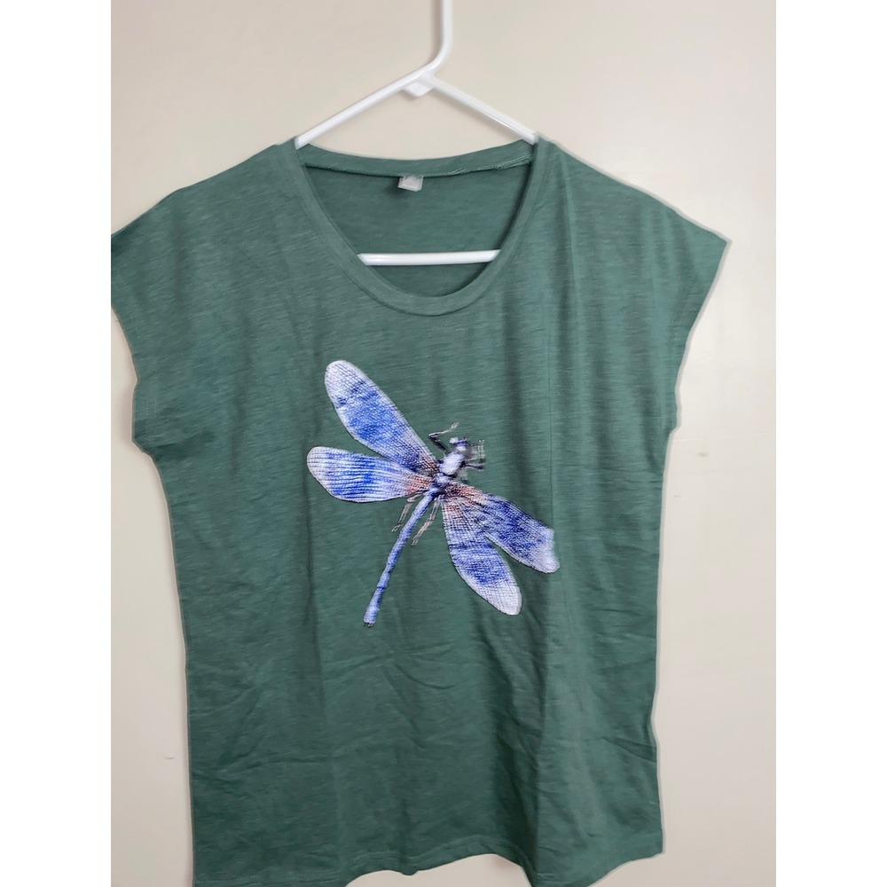 Dragonfly Graphic Tee Women Large‎ Green Cap Sleeve Nature Cotton Blend